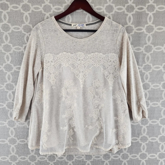 Jolt Crew Neck 3/4 Sleeve Lace Crochet Layer Blouse L - Picture 1 of 10